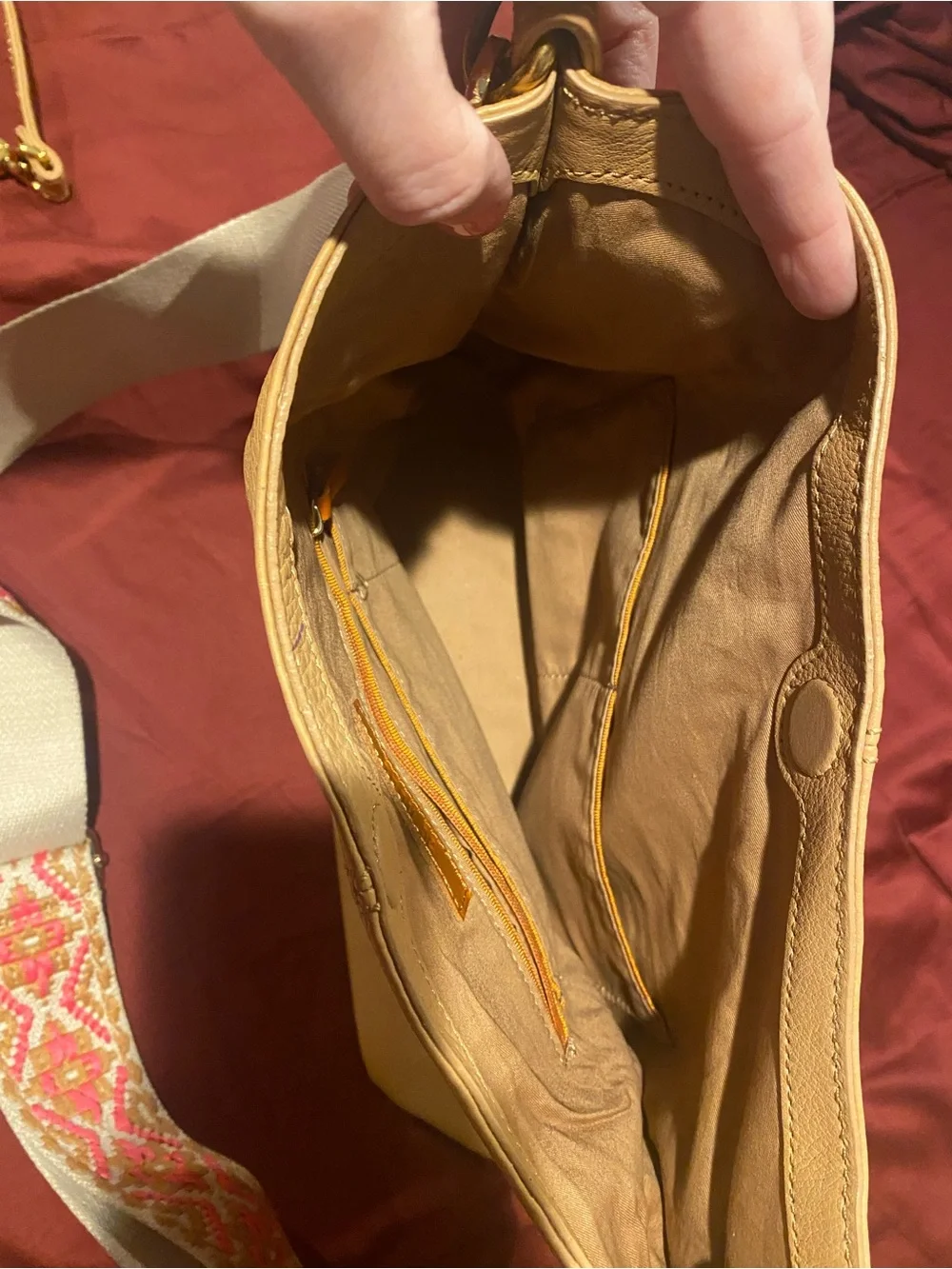 HOBO Tan Pebbled Leather Hobo with Patterned Adjustable Strap